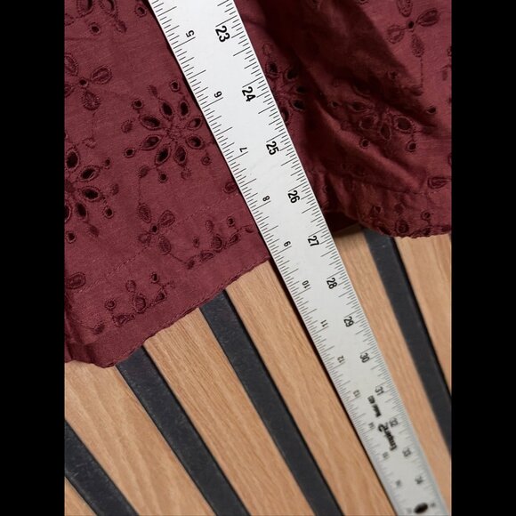 Anthropologie Top XL Womens Burgundy Balloon Sleeve V Neck Eyelet Trim Boho - Picture 5 of 8